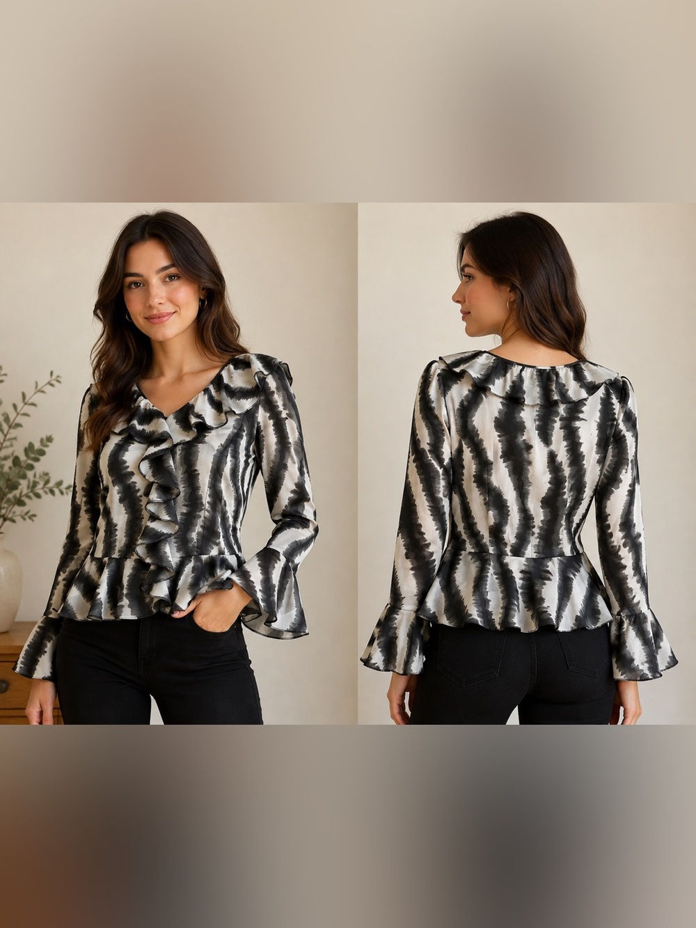 Allison  Taylor Women's Black & White Ruffle V-Neck Blouse